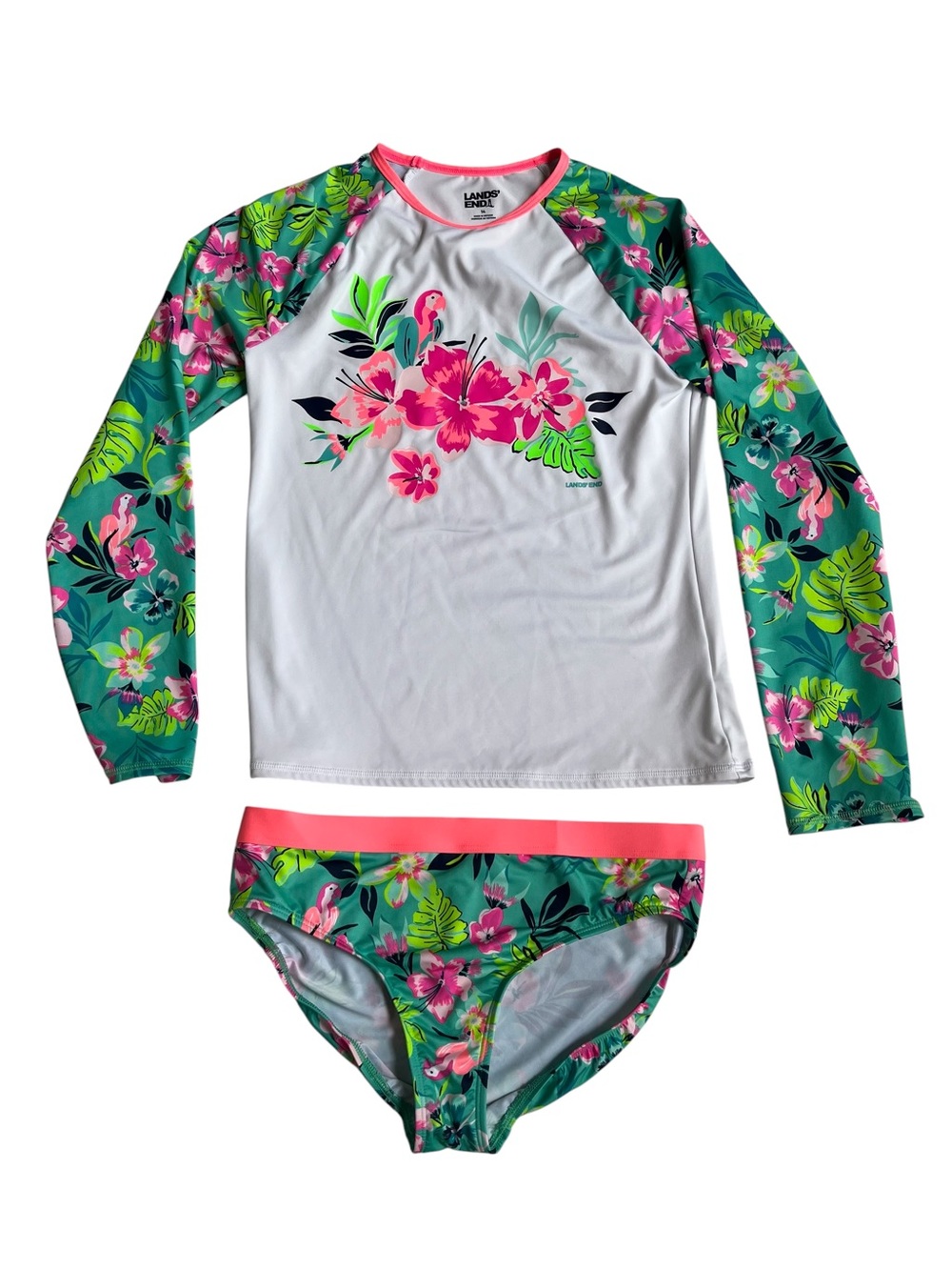 Lands’ End Size 14 Girls RashGuard Long Sleeve Swim Top & Bikini Bottoms Set